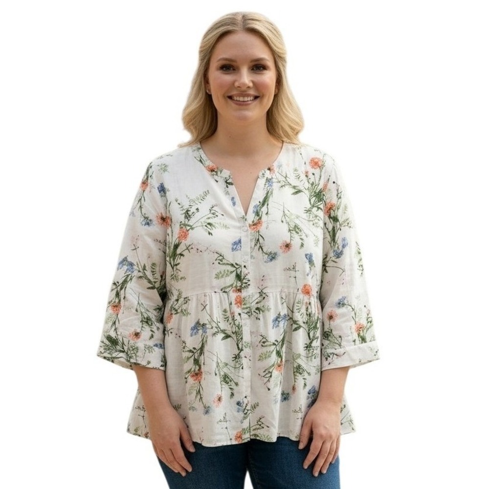 Jones & Co Floral Linen Button Down Womens Plus size 1X Bohemian Cottagecore Top